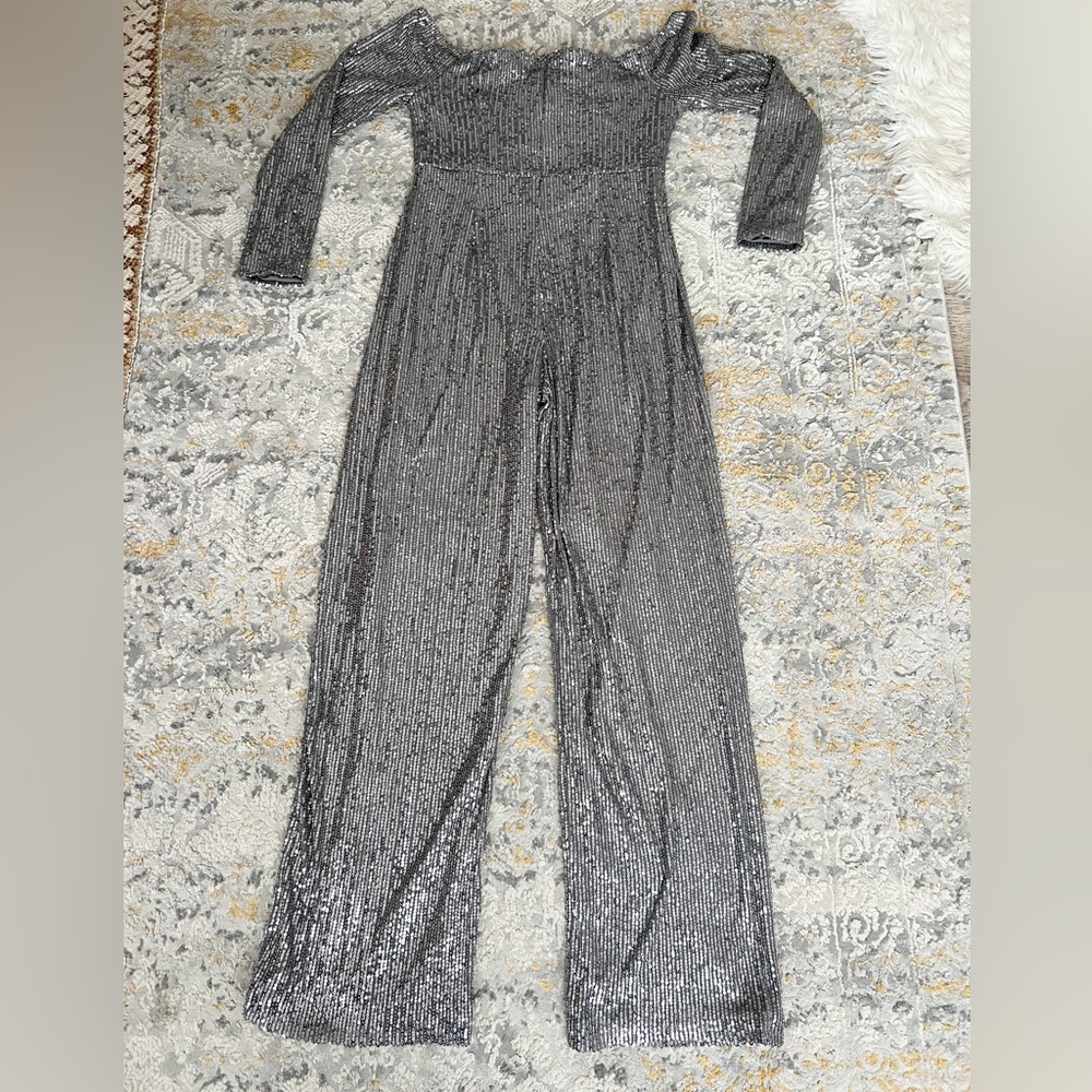 Silver sequin jumpsuit Size 8 Boohoo